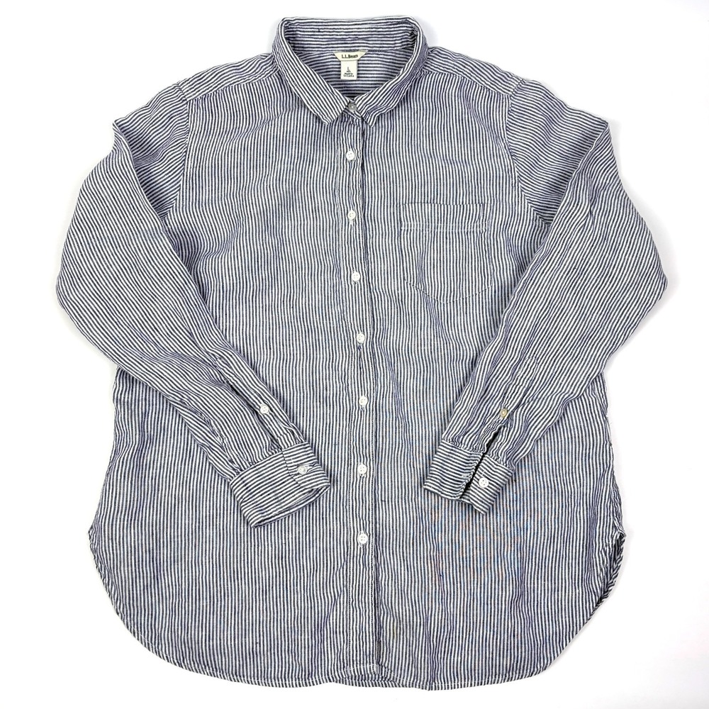 LL Bean Premium Washable Linen Button Up Shirt Womens Sz L White Blue Tunic - Picture 4 of 16